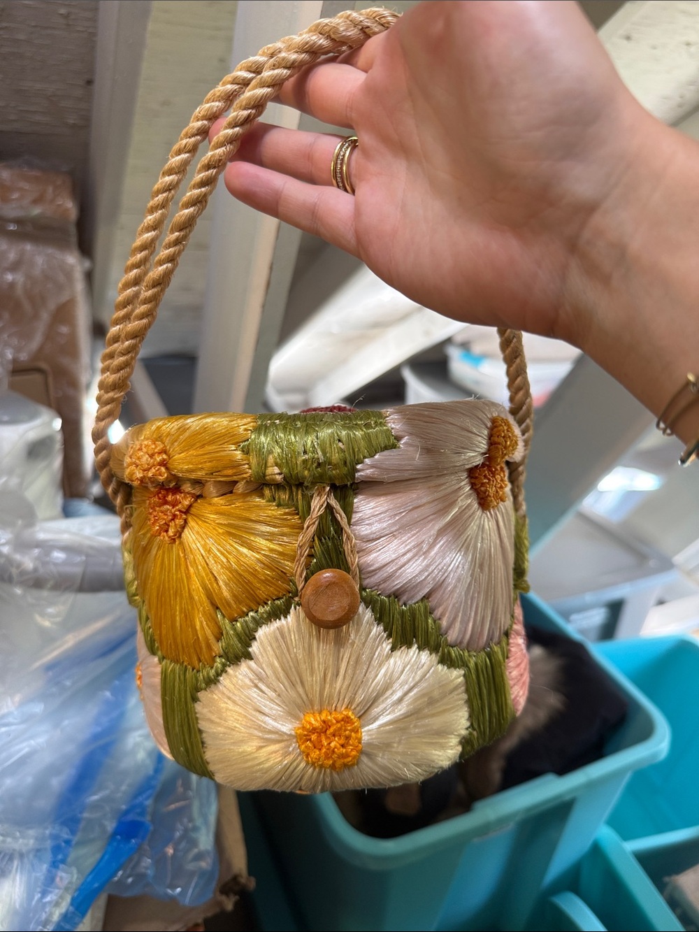 Handcrafted Floral Embroidered Bucket Bag — Yellow & Cream